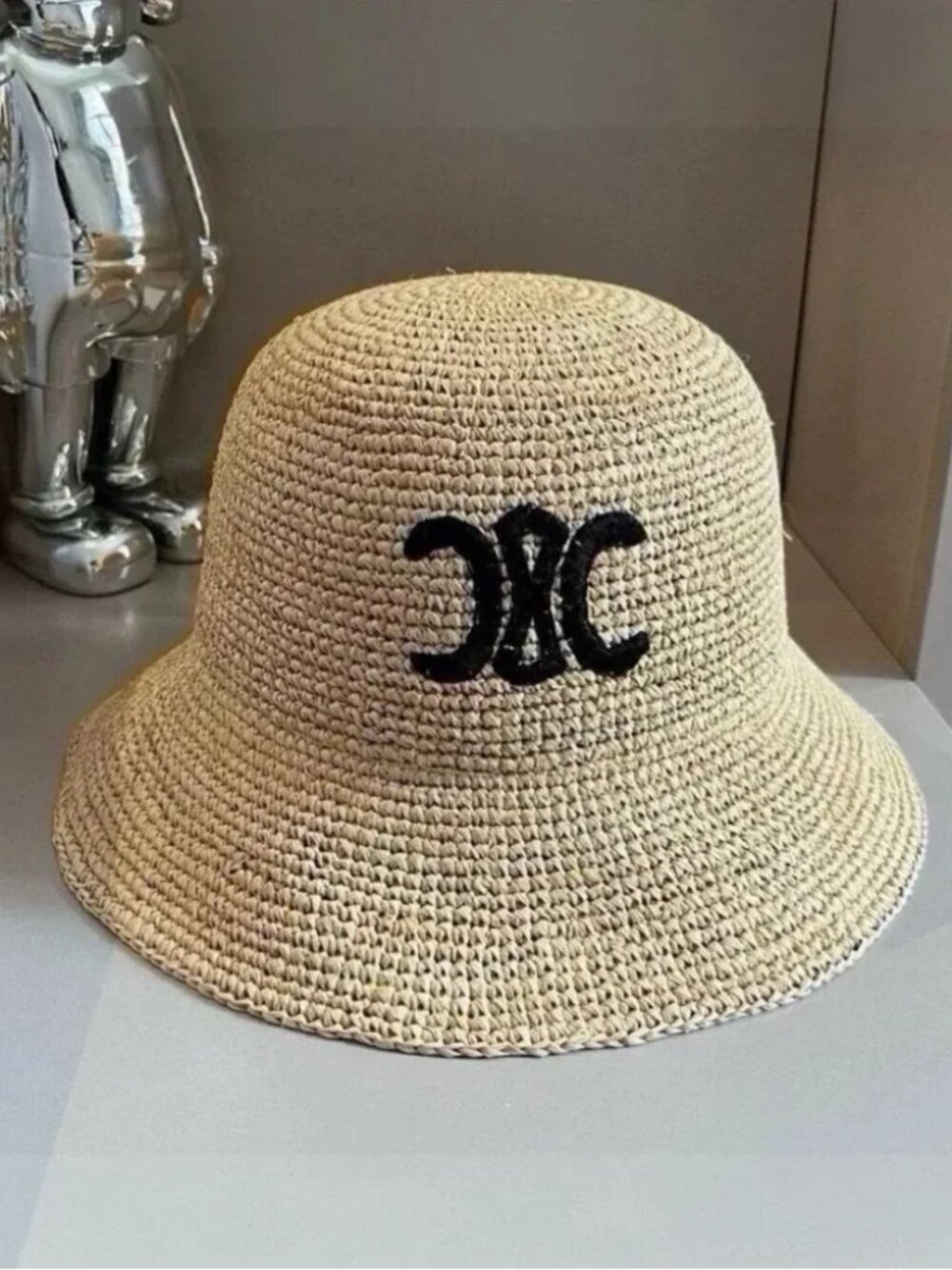 Celine Triomphe Raffia Straw Bucket Sun Hat